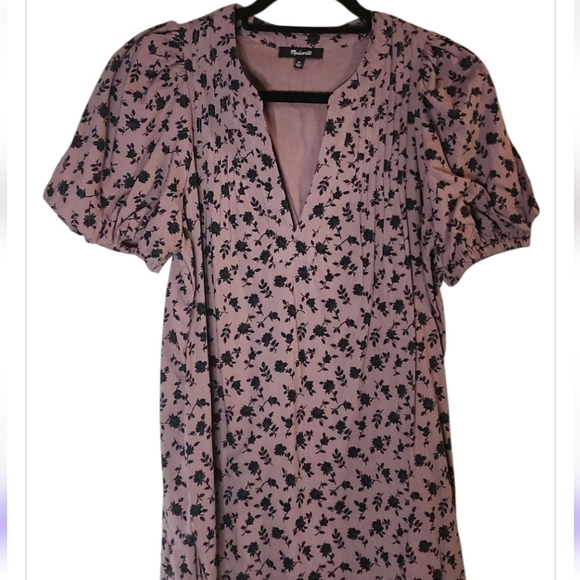 Madewell Tillie Puff-Sleeve Mini Dress Shadow Bloom Pin Tuck Detail Violet XS - Picture 2 of 14